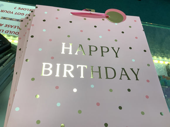 Happy Birthday, pink with dots- XL gift bag