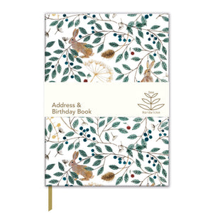 This beautiful birthday and address book from hardback book is covered, front and back artwork by Dee Hardwick showing little brown rabbits gathering berries among vines and foliage. Perfect for keeping organised, this book includes a tabbed A-Z address book, a month-by-month list for birthdays, a storage pocket for notes and receipts, and a ribbon bookmark to keep your place.