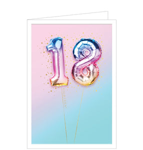 This fabulous 18th birthday card is decorated with a photograph of '18' birthday balloons in an ombre-style gradient of pinks, blues and yellows. The balloons are surrounded by gold confetti and have golden ribbons attached.