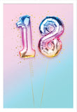 This fabulous 18th birthday card is decorated with a photograph of '18' birthday balloons in an ombre-style gradient of pinks, blues and yellows. The balloons are surrounded by gold confetti and have golden ribbons attached.