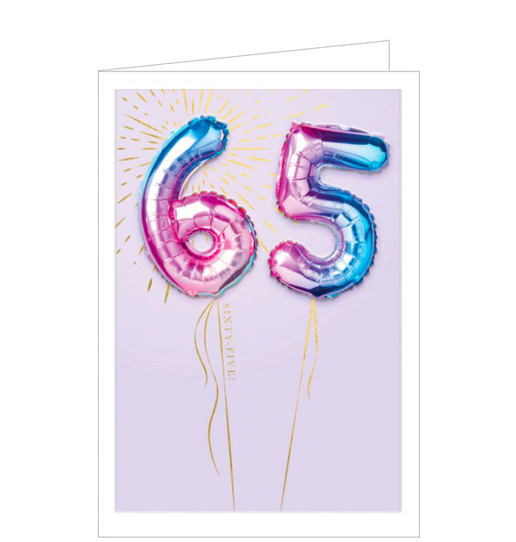 This fabulous 65th birthday card is decorated with a photograph of '65' birthday balloons in an ombre-style gradient of pinks, blues and yellows. The balloons are surrounded by golden lines and have golden ribbons attached.