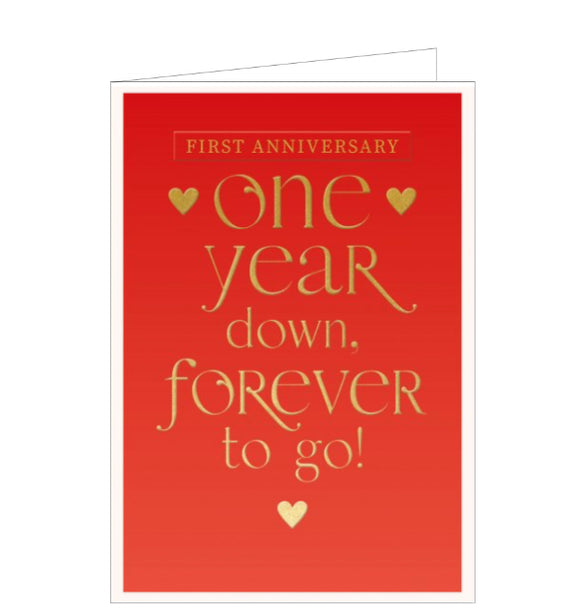 This is a contemporary card for a first anniversary. Bold gold text against a red background reads 