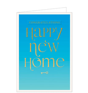 A simple but stylish new home card. Gold text on a mid-blue background reads "Congratulations...Happy New Home".