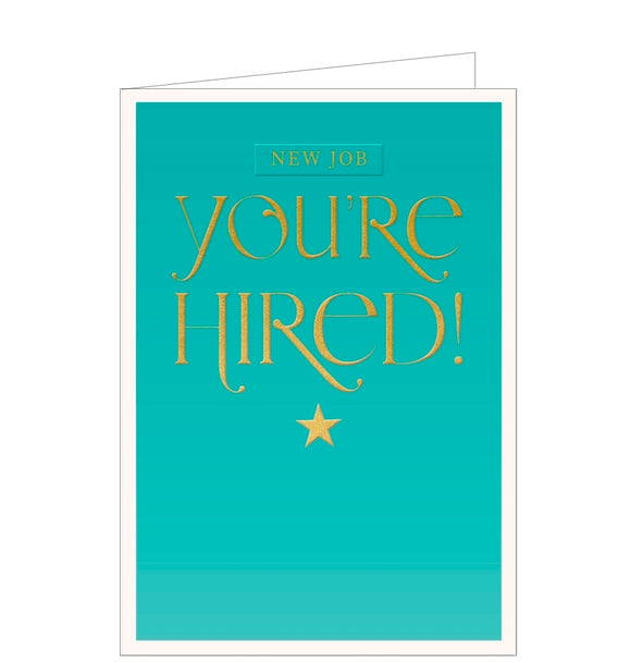 A simple but stylish new job card. Gold text on a deep mint green background reads 
