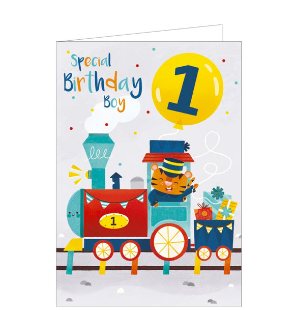 This bright, lively birthday card for a special boy's 1st birthday is decorated with a cartoon of a tiger driving a colourful stream train loaded with presents!!! The text on the front of the card reads 