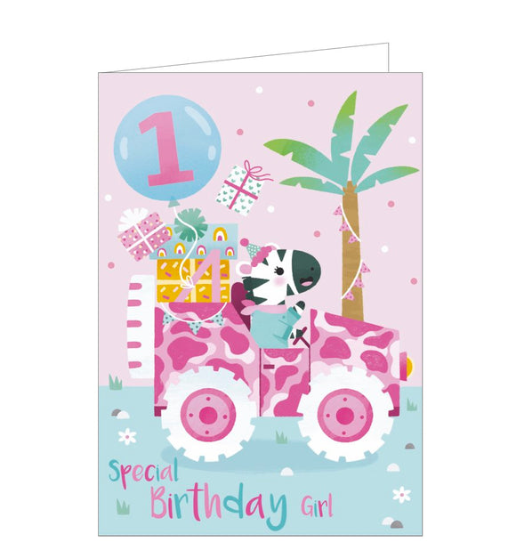 This bright, lively birthday card for a special girl's 1st birthday is decorated with a cartoon of a zebra driving a pink leopard-print jeep loaded with presents!!! The text on the front of the card reads 