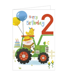 A bright, lively birthday card for a 2 year old is decorated with a cartoon of a pig, dressed as a farmer, driving a green tractor with a "2" in the bucket. The text on the front of the card reads "Happy Birthday".