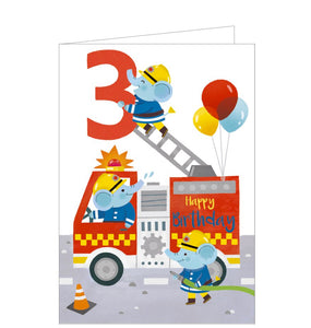A bright, lively 3rd birthday card decorated with a cartoon of 3 elephants dressed as firemen, driving a red firetruck with a "3" at the top of the ladder. The text on the front of the card reads "Happy Birthday".