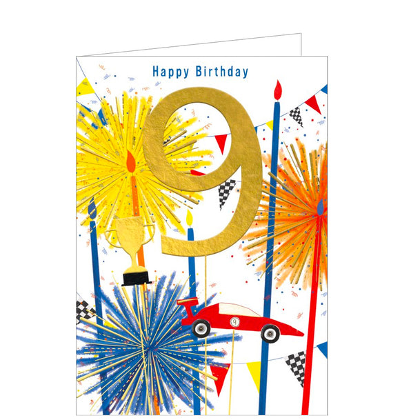 This bright, lively 9th birthday card is decorated with a large gold number 9 backed by blue candles bursting like fireworks. Extra details include a red sports car, checkered flags and a trophy.