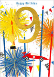 This bright, lively 9th birthday card is decorated with a large gold number 9 backed by blue candles bursting like fireworks. Extra details include a red sports car, checkered flags and a trophy.