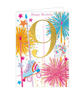 This dazzling 9th birthday card is decorated with text that reads "Happy Birthday...9", surrounded by roller skates, disco balls and stars, against a backdrop of pink, blue and gold sparkling candles.
