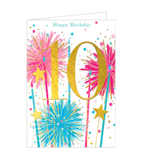 A bright, lively birthday card for a ten year old featuring a large gold number 10 backed by pink and blue sparklers and gold metallic stars.