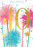 A bright, lively birthday card for a ten year old featuring a large gold number 10 backed by pink and blue sparklers and gold metallic stars.