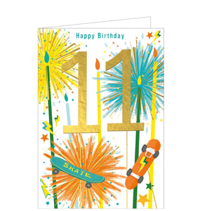 This dazzling 11th birthday card is decorated in bright blues, yellows and golds with text that reads "Happy Birthday...11", surrounded by skateboards, trophies and sparkling candles.