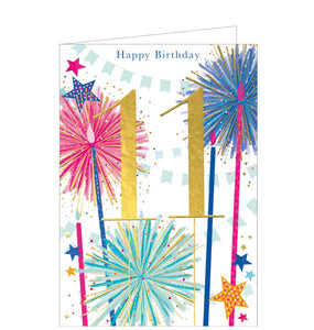 This dazzling 11th birthday card is decorated in bright blues, pinks and golds with text that reads "Happy Birthday...11", surrounded stars, bunting and sparkling candles.