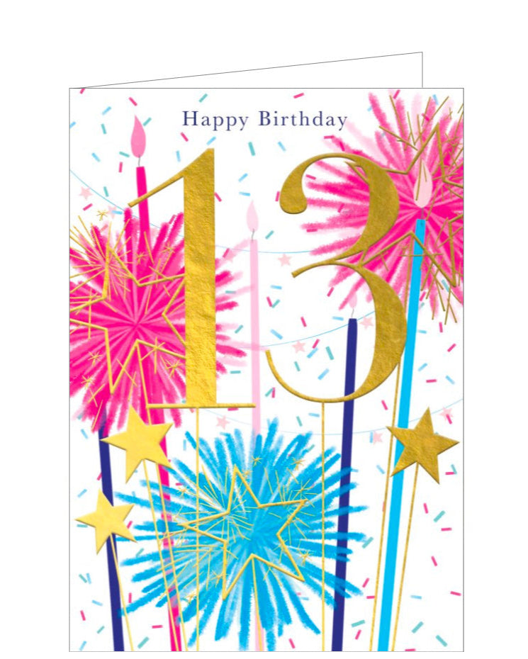 A bright, lively 13th birthday card is decorated with a large gold number 13 backed by blue candles bursting like fireworks. Extra details include gold stars and long candles.