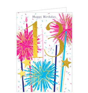 A bright, lively 13th birthday card is decorated with a large gold number 13 backed by blue candles bursting like fireworks. Extra details include gold stars and long candles.