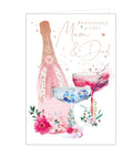 This beautifully elegant anniversary card is decorated with a bottle of pink champagne, next to two glasses, one pink & one blue. As well as the lovely colours, the card is finished with small gold hearts and dots, and diamante jewels.  Gold text says "Anniversary wishes Mum & Dad". This makes any of their anniversaries a special one.