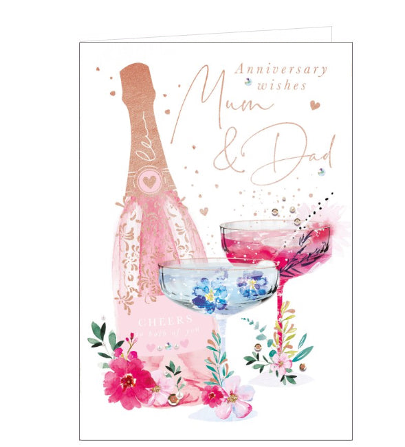 This beautifully elegant anniversary card is decorated with a bottle of pink champagne, next to two glasses, one pink & one blue. As well as the lovely colours, the card is finished with small gold hearts and dots, and diamante jewels.  Gold text says "Anniversary wishes Mum & Dad". This makes any of their anniversaries a special one.