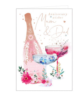 This beautifully elegant anniversary card is decorated with a bottle of pink champagne, next to two glasses, one pink & one blue. As well as the lovely colours, the card is finished with small gold hearts and dots, and diamante jewels.  Gold text says "Anniversary wishes Mum & Dad". This makes any of their anniversaries a special one.