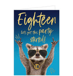 This cheeky 18th birthday card is decorated with an image of a racoon wearing photoshopped sunglasses and a gold chain with a medallion that reads "18". Gold text on the front of the card reads "Eighteen...let's get this party started!"