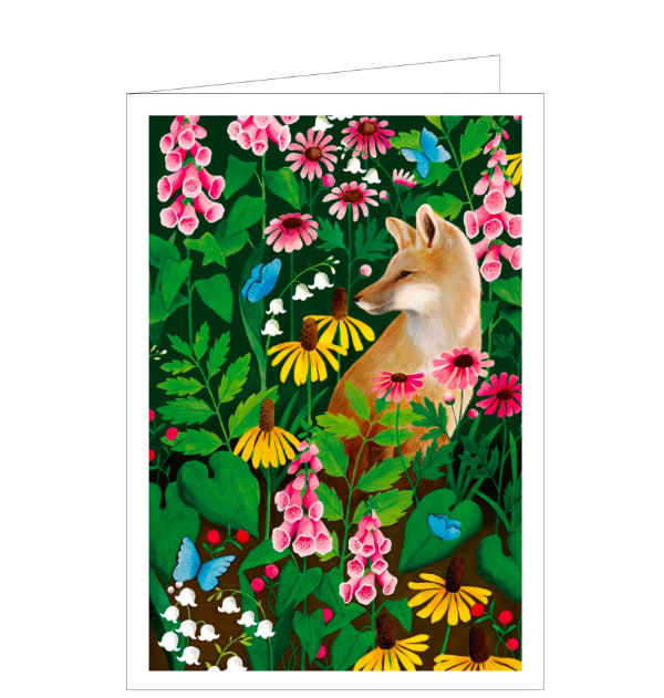 This cute blank greetings card is decorated with an artwork by Bex Parkin, showing a fox sitting amongst a variety of wild flowers and green foliage, watching blue butterflies flit between the flowers. Bold colour and strong design make this a stunning card for any occasion or message.