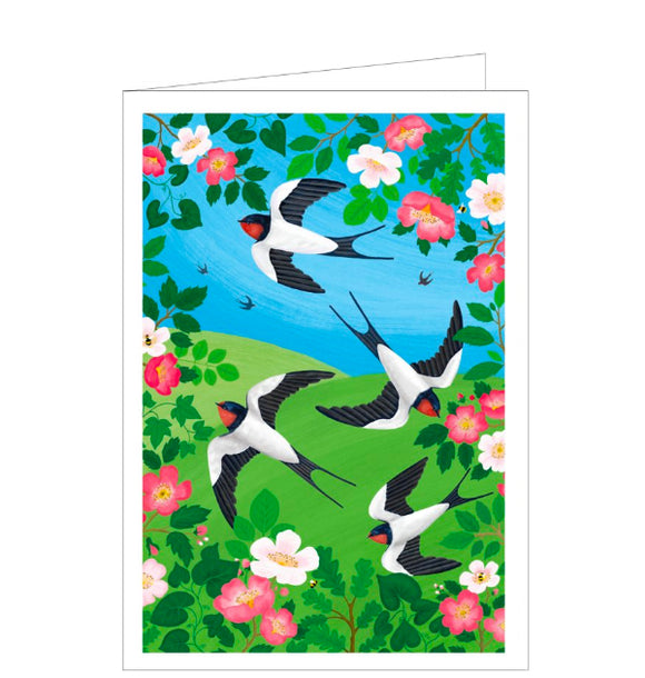 This beautiful blank greetings card is decorated with an artwork by Bex Parkin, showing a flock of swallows swooping through the blue sky over green fields. The image is bordered with beautiful pink flowers and oak tree leaves. Bold colour and strong design make this a stunning card for any occasion or message.