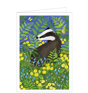 Badger amongst Primroses by Bex Parkin - blank greetings card