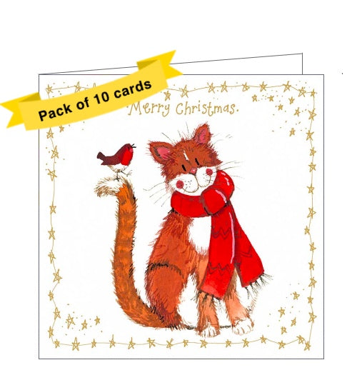 This pack of Alex Clark Christmas cards features 10 christmas cards of 1 design, showing an orange tabby cat, with a robin balancing on its tail. Gold text on the front of the cards reads 