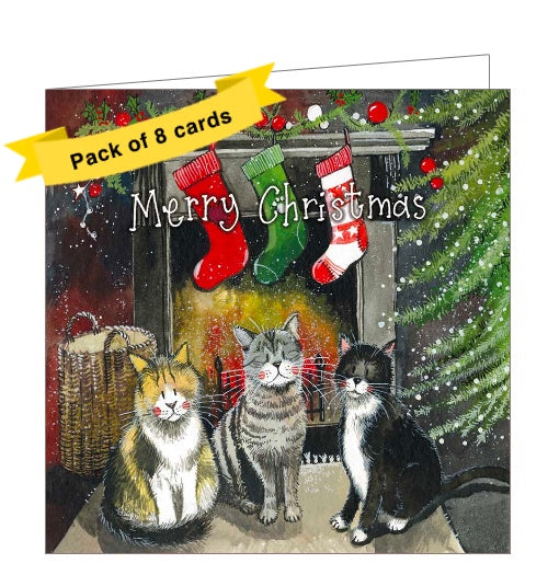 This pack of Alex Clark Christmas cards features 8 christmas cards of 1 design, showing an trio of cats sitting in front of a roaring fire. The text on the front of the cards reads 