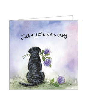 One image can send so many messages, from sympathy to thinking of you, to sending a quick note. This beautiful little greetings card by artist Alex Clark is decorated with a labrador dog holding hydrangea flowers in its mouth, facing away from the viewer and looking at a purple sky. The caption on the front of the card reads "Just a little note to say..."