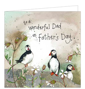 Part of Alex Clark's "Sunshine" greetings card collection. This Father's Day card is decorated with three puffins perched amid white campion blooms. The caption on the front of the card reads "To a wonderful Dad on Father's Day".