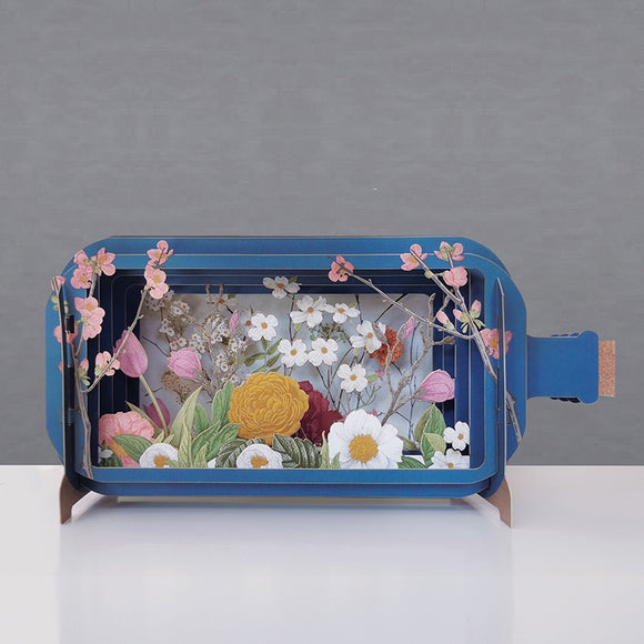 This fabulous pop-up greetings card is made of multiple layers of laser cut card to create a wonderful 3d image, showing a lovely scene of wild flowers of different colours.