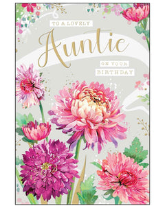 Send your warmest wishes with this beautiful birthday card for a special Auntie, designed with love and elegance. The front features a delicate illustration of tall richly coloured pink flowers with touches of green and shimmering gold accents, creating a soft, feminine feel.

Embellished with gold-foiled text that reads: "To a Lovely Auntie on Your Birthday", this card is perfect for showing how much she means to you on her special day.