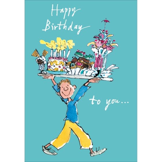 This cute birthday card shows a young boy carrying a tray piled high with treats and birthday goodies. White text on the front of the card reads 