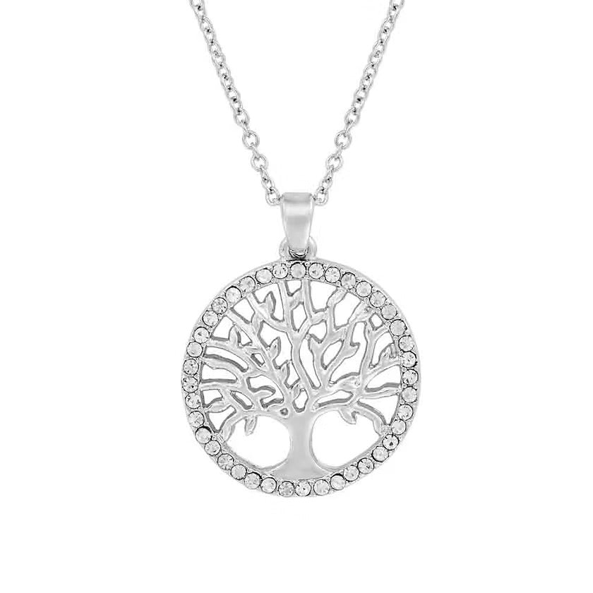 Rhodium crystal tree of life necklace - Indulgence Jewellery