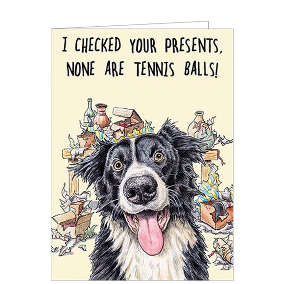 The range of Bewilderbeest birthday cards are new in store but have quickly become some of our favourite cards. This funny birthday card is decorated with an illustration of an excited border collie dog in the foreground with chaos of wrapping paper and birthday presents in the background. The text on the front of the card reads 