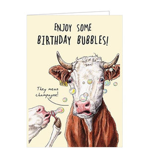 Sending a birthday wish should come with a side of laughter. This funny birthday card from the  Bewilderbeest range is the perfect way to do just that. This birthday card is decorated with a fun cartoon of a cow blowing bubbles at another cow. The caption on the front of the cardreads "Enjoy some Birthday Bubbles...they mean champagne!"  