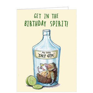Celebrate their special day in style with this Birthday Spirit card! This funny birthday card from the Bewilderbeest range features a sozzled hedgehog lying down in the bottom of a - now empty - gin bottle. Green coloured text reads "Get in the Birthday Spirit!"