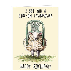 The range of Bewilderbeest birthday cards are new in store but have quickly become some of our favourite cards. This funny birthday card is decorated with an illustration of a sheep, chewing on some grass, with a green plastic patio chair on its back. The text on the front of the card reads "I got you a ride-on lawnmower...Happy Birthday!"