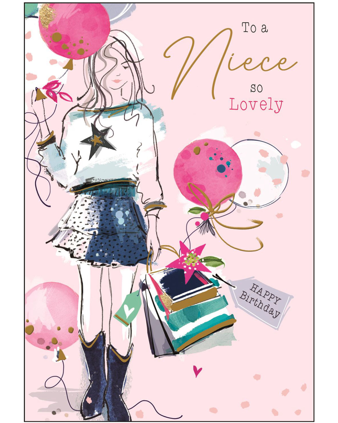 Celebrate your niece's special day with this beautifully designed birthday card by Jonny Javelin. Featuring a stylish line sketch of a young woman in a mini skirt and boots, holding presents and balloons, this birthday card perfectly captures the spirit of a vibrant young woman. The caption on the front of this birthday card reads: "To a Niece so lovely" – a heartfelt message for a niece who’s grown into someone truly wonderful.