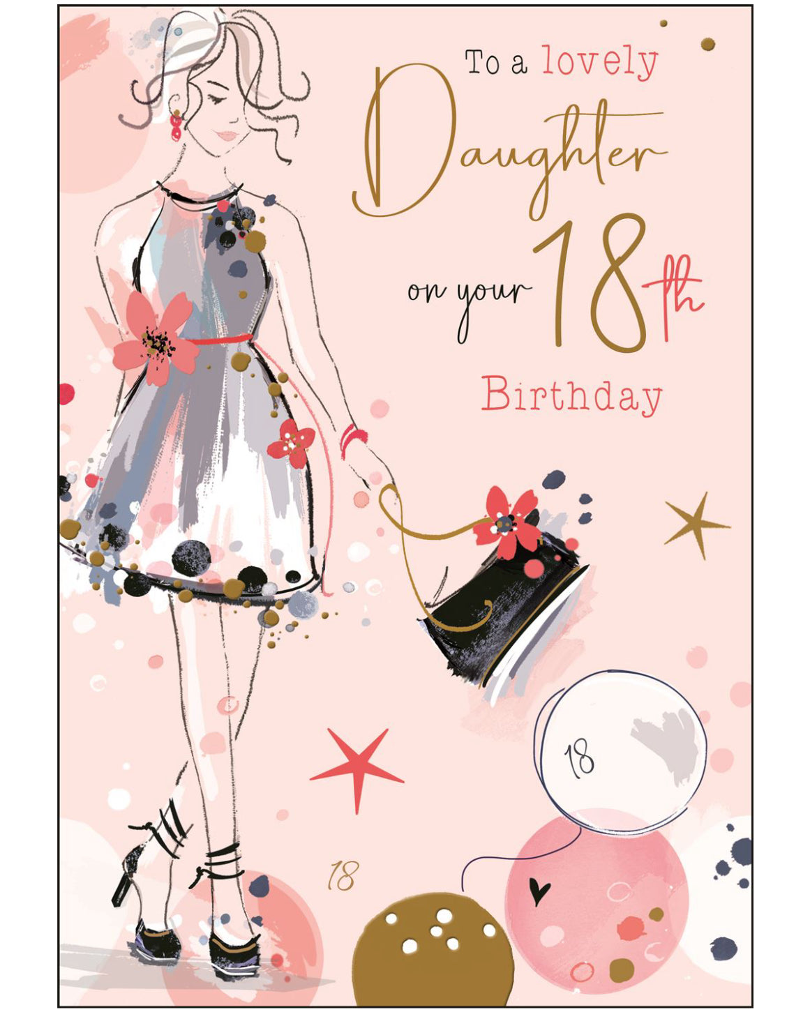 Mark a milestone moment with this stylish 18th birthday card for a daughter. Featuring a chic line sketch of a young woman in a mini dress, high heels, and carrying a handbag, this card captures the confidence and elegance of a daughter stepping into adulthood.&nbsp;The front of the card reads: "To a Lovely Daughter on Your 18th Birthday"