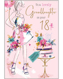 Mark a milestone moment with this stylish 18th birthday card for a grandaughter. Featuring a chic line sketch of a young woman in a mini dress decorated with flowers and matching high heels looking at a gorgeous pink birthday cake, this card captures the confidence and elegance of a granddaughter stepping into adulthood. The front of the card reads: "To a Lovely Granddaughter on Your 18th".