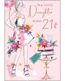Mark a milestone moment with this stylish 18th birthday card for a daughter. Featuring a chic line sketch of a young woman in a mini dress decorated with flowers and matching high heels looking at a gorgeous pink birthday cake, this card captures the confidence and elegance of a daughter stepping into adulthood. The front of the card reads: "To a Lovely Daughter on Your 18th".