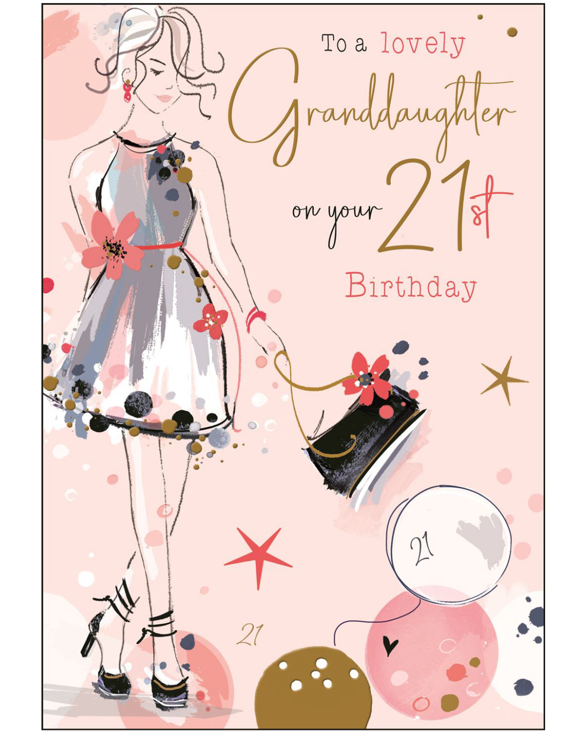 Mark a milestone moment with this stylish 21st birthday card for a grand-daughter. Featuring a chic line sketch of a young woman in a mini dress, high heels, and carrying a handbag, this card captures the confidence and elegance of a daughter stepping into adulthood. The front of the card reads: "To a Lovely Granddaughter on Your 21st Birthday"