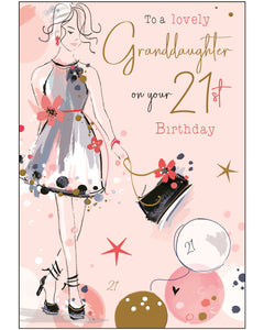 Mark a milestone moment with this stylish 21st birthday card for a grand-daughter. Featuring a chic line sketch of a young woman in a mini dress, high heels, and carrying a handbag, this card captures the confidence and elegance of a daughter stepping into adulthood. The front of the card reads: "To a Lovely Granddaughter on Your 21st Birthday"