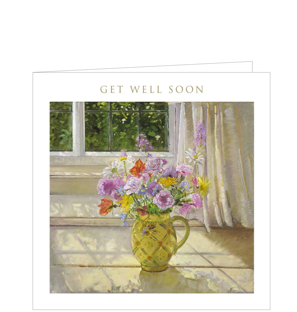 A petite get well soon card is just right for a quick note to wish someone well. This card is decorated with artwork showing a yellow jug filled with brightly coloured flowers, standing in front of a window. Gold text on the front of the card reads "Get Well Soon". 