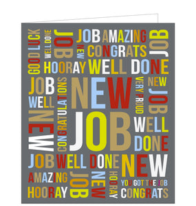 This new job card is decorated with a word cloud of multi-coloured words of support and congratulations.