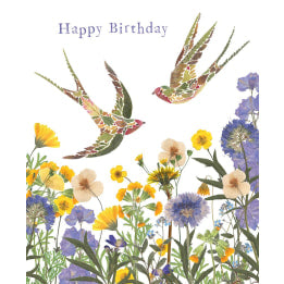From the Wildpress art range, these stunning cards feature animal designs made from hand pressed flowers and leaves by Helen Ahpornisi. This one is&nbsp; of two swallows swooping low over a field of wild flowers.