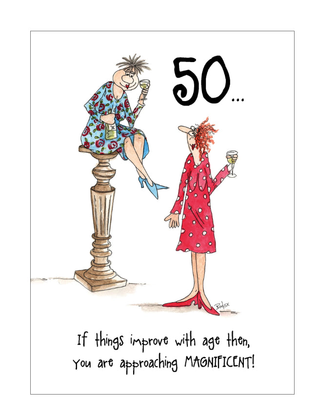 Improving with age - Camilla and Rose funny 50th Birthday card